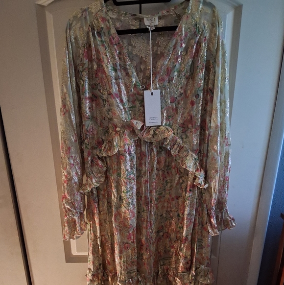 HEMANT & NANDITA Cream Floral Maxi Dress with Pink and Green Detail - Picture 2 of 8